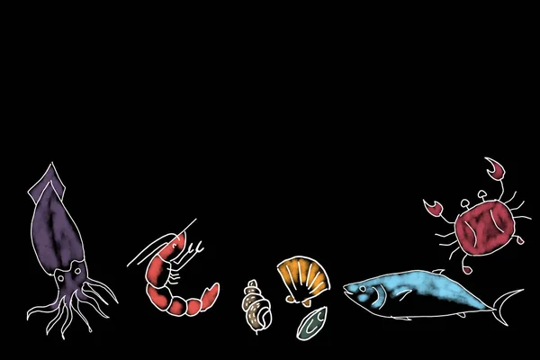 Эскиз меню морепродуктов на черной доске — стоковое фото