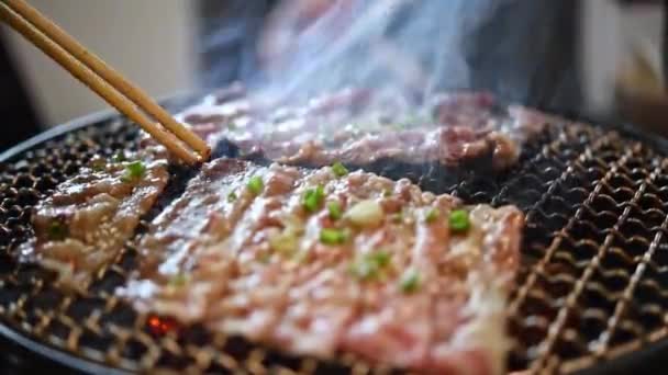 Grilled Raw Meat Beef Pork Barbeque Bbq Food Cooking Wagyu — Stock Video