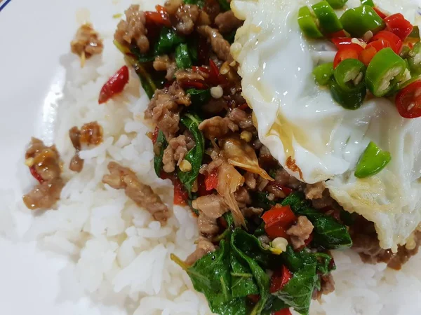 Arroz cubierto con cerdo frito o carne de res y albahaca — Foto de Stock