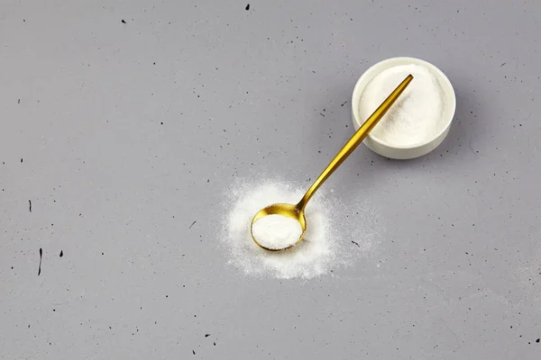 Collagen Powder Jar Spoon Grey Background — Stock Photo, Image
