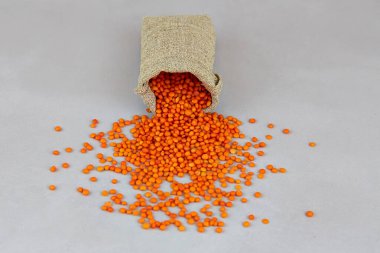 Gri arkaplanda kırmızı mercimek var.