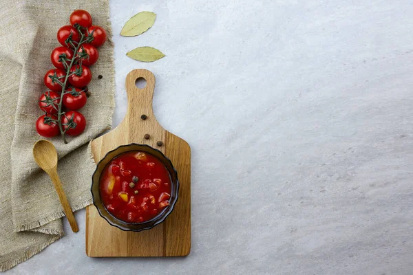 Lecho Canned Vegetable Salad Made Peppers Tomatoes Bowl Wooden Board — Stock Photo, Image