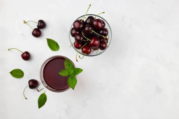 Cherry Compote Glass Mug Berries Transparent Bowl Light Background Top — Stock Photo, Image