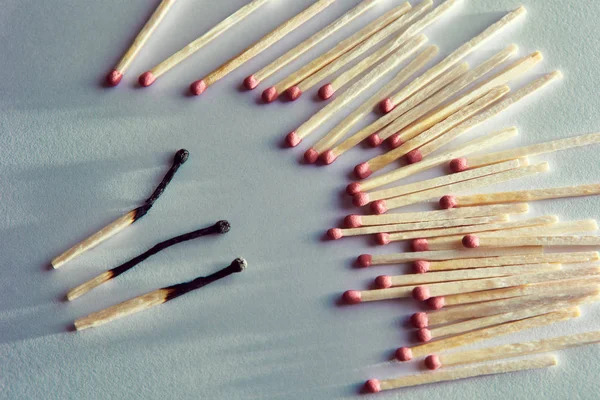 burned matches on a white background, a bunch of matches. and long shadows