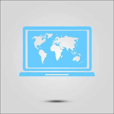 laptop ve Dünya Haritası, vektör çizim basit simgesi