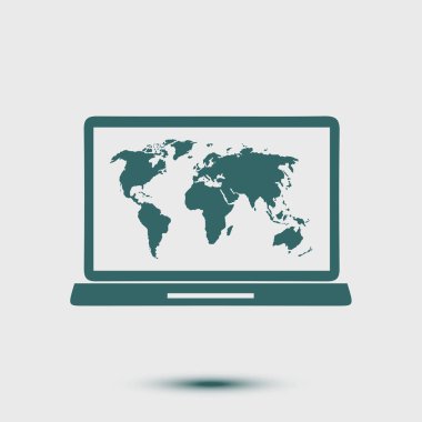 laptop ve Dünya Haritası, vektör çizim basit simgesi