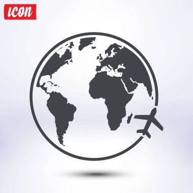 Uçak simgesi seyahat. Dünya yuvarlak çelme takmak. Düz tasarım stili.
