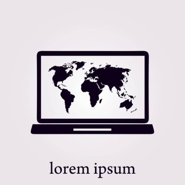 laptop ve Dünya Haritası, vektör çizim basit simgesi