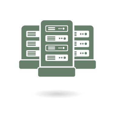 Veri merkezi simgesinde ağ sunucuları. Düz tasarım biçimi.