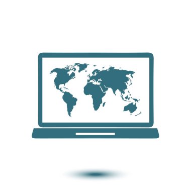 laptop ve Dünya Haritası, vektör çizim basit simgesi