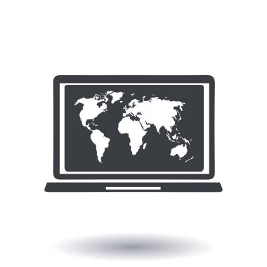 laptop ve Dünya Haritası, vektör çizim basit simgesi