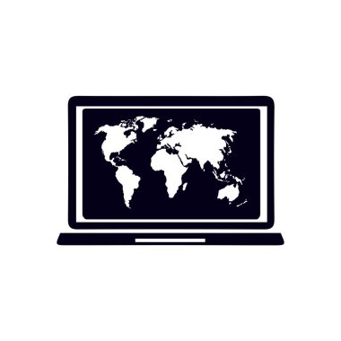 laptop ve Dünya Haritası, vektör çizim basit simgesi