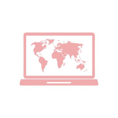 laptop ve Dünya Haritası, vektör çizim basit simgesi
