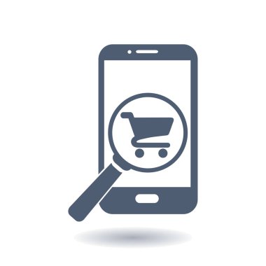 Cam shoping akıllı telefon arıyor. Shoping online simgesi.