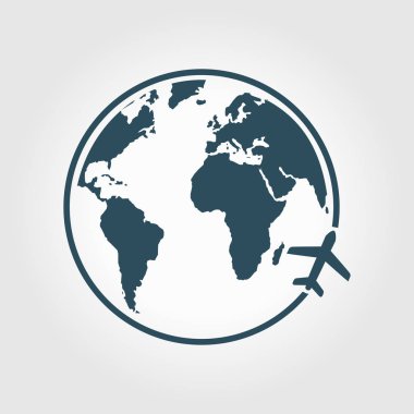 Uçak simgesi seyahat. Dünya yuvarlak çelme takmak. Düz tasarım stili.
