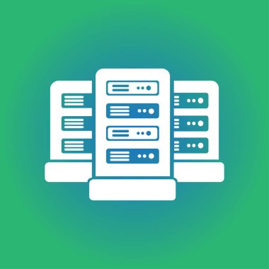 Veri merkezi simgesinde ağ sunucuları. Düz tasarım biçimi.