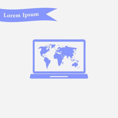 laptop ve Dünya Haritası, vektör çizim basit simgesi
