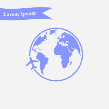 Uçak simgesi seyahat. Dünya yuvarlak çelme takmak. Düz tasarım stili.