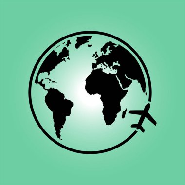 Uçak simgesi seyahat. Dünya yuvarlak çelme takmak. Düz tasarım stili.