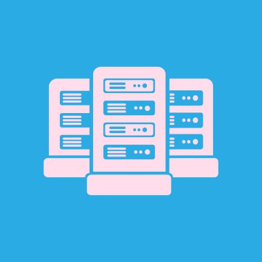 Veri merkezi simgesinde ağ sunucuları. Düz tasarım biçimi.