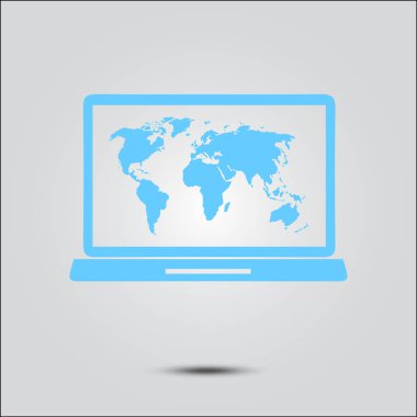 laptop ve Dünya Haritası, vektör çizim basit simgesi