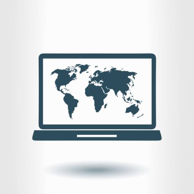 laptop ve Dünya Haritası, vektör çizim basit simgesi