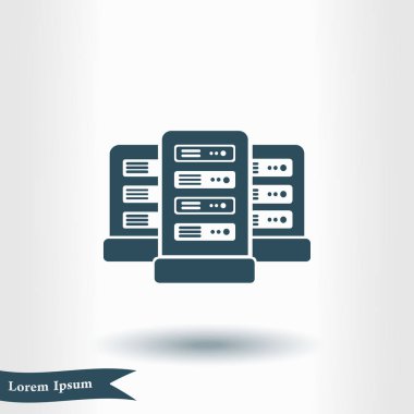 Veri merkezi simgesinde ağ sunucuları. Düz tasarım biçimi.