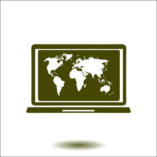 Semplice Icona Del Computer Portatile Mappa Del Mondo Illustrazione Vettoriale — Vettoriale Stock
