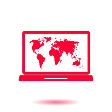 laptop ve Dünya Haritası, vektör çizim basit simgesi