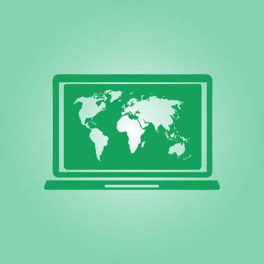 laptop ve Dünya Haritası, vektör çizim basit simgesi