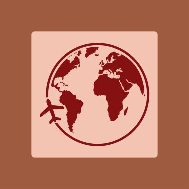 Uçak simgesi seyahat. Dünya yuvarlak çelme takmak. Düz tasarım stili.
