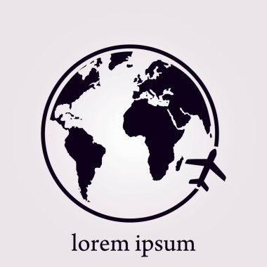 Uçak simgesi seyahat. Dünya yuvarlak çelme takmak. Düz tasarım stili.