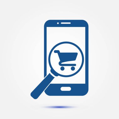 Cam shoping akıllı telefon arıyor. Shoping online simgesi.