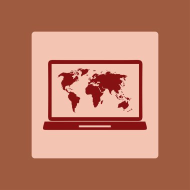 laptop ve Dünya Haritası, vektör çizim basit simgesi