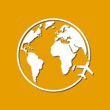 Uçak simgesi seyahat. Dünya yuvarlak çelme takmak. Düz tasarım stili.