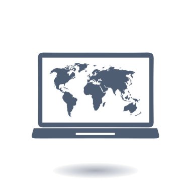 laptop ve Dünya Haritası, vektör çizim basit simgesi