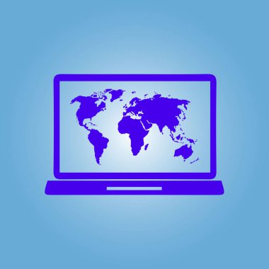laptop ve Dünya Haritası, vektör çizim basit simgesi