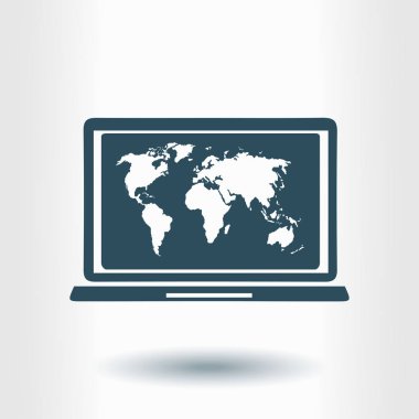 laptop ve Dünya Haritası, vektör çizim basit simgesi