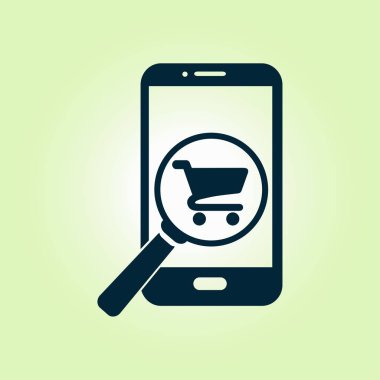 Cam shoping akıllı telefon arıyor. Shoping online simgesi.