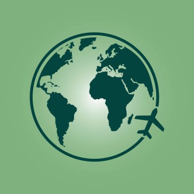 Uçak simgesi seyahat. Dünya yuvarlak çelme takmak. Düz tasarım stili.