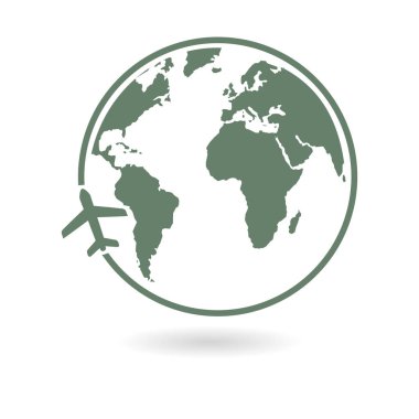 Uçak simgesi seyahat. Dünya yuvarlak çelme takmak. Düz tasarım stili.