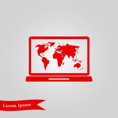 laptop ve Dünya Haritası, vektör çizim basit simgesi