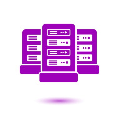 Veri merkezi simgesinde ağ sunucuları. Düz tasarım biçimi.
