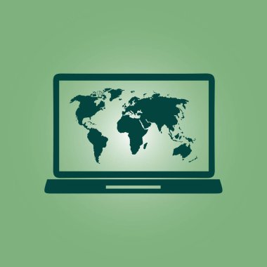 laptop ve Dünya Haritası, vektör çizim basit simgesi