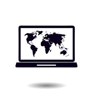 laptop ve Dünya Haritası, vektör çizim basit simgesi