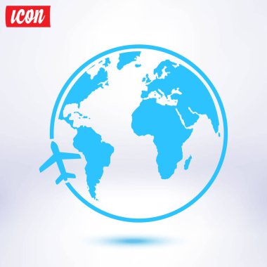 Uçak simgesi seyahat. Dünya yuvarlak çelme takmak. Düz tasarım stili.