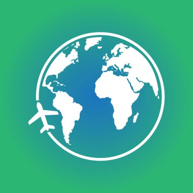 Uçak simgesi seyahat. Dünya yuvarlak çelme takmak. Düz tasarım stili.