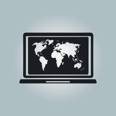 laptop ve Dünya Haritası, vektör çizim basit simgesi