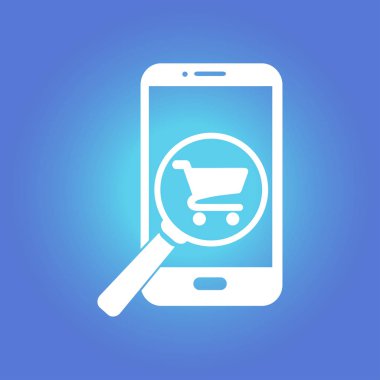 Cam shoping akıllı telefon arıyor. Shoping online simgesi.