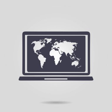 laptop ve Dünya Haritası, vektör çizim basit simgesi